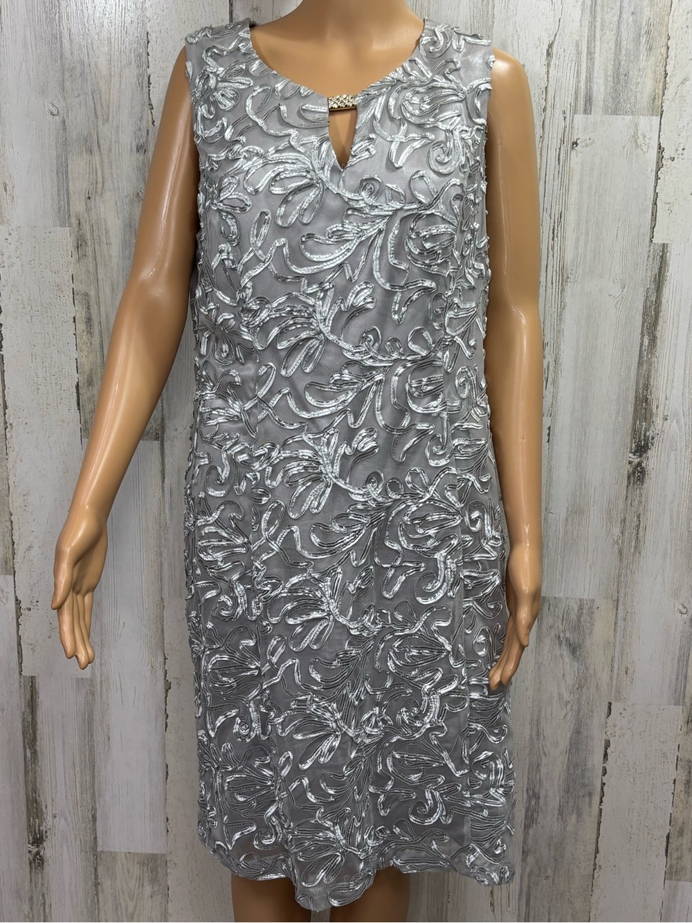 J.R. Nites Silver Embellished‎ Ribbon Embroidered Sleeveless Shift Dress
